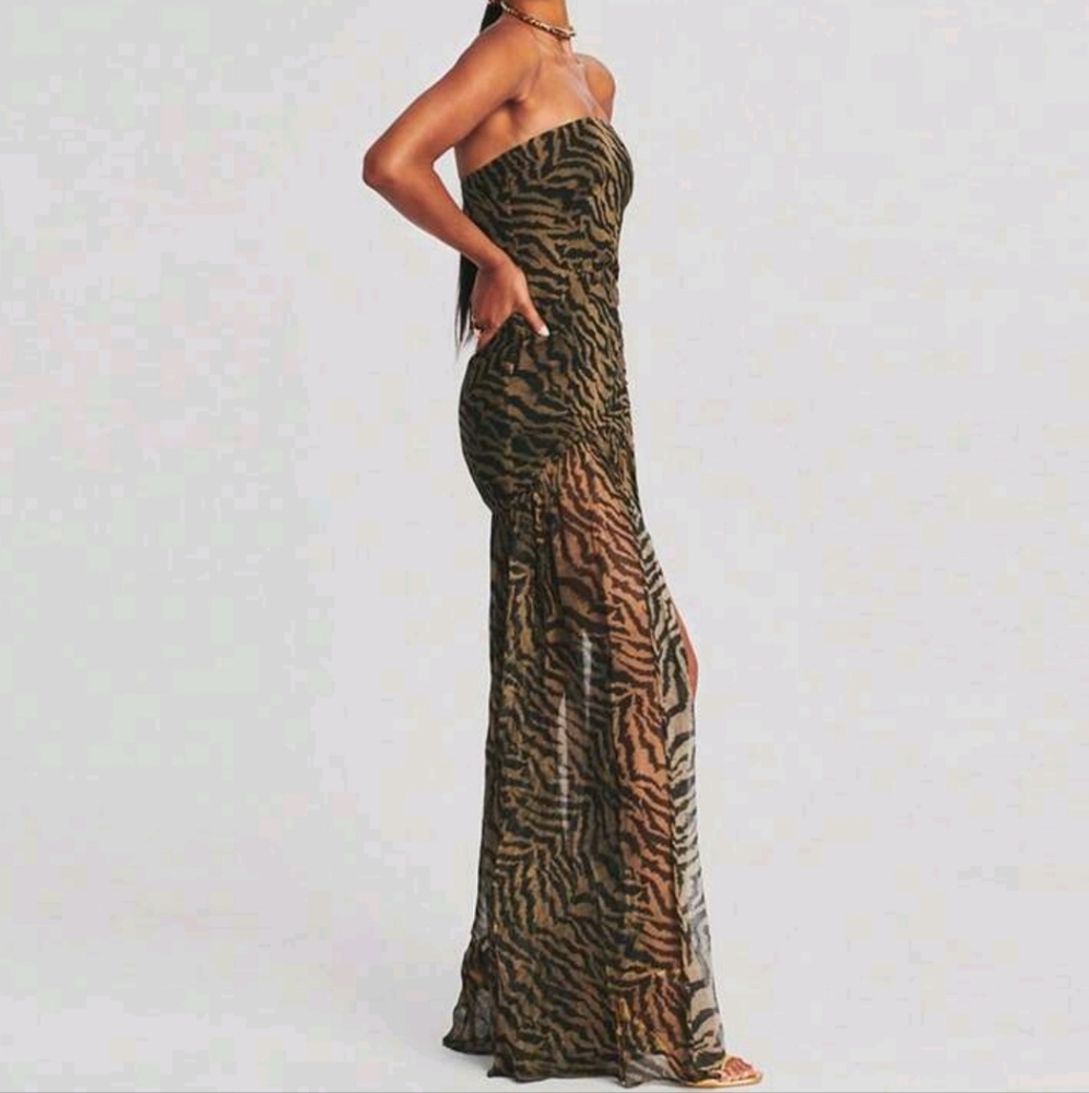 Women Tube Top Dress Slim Strapless Backless Mesh Patchwork Maxi Dress Leopard - Picture 4 of 10